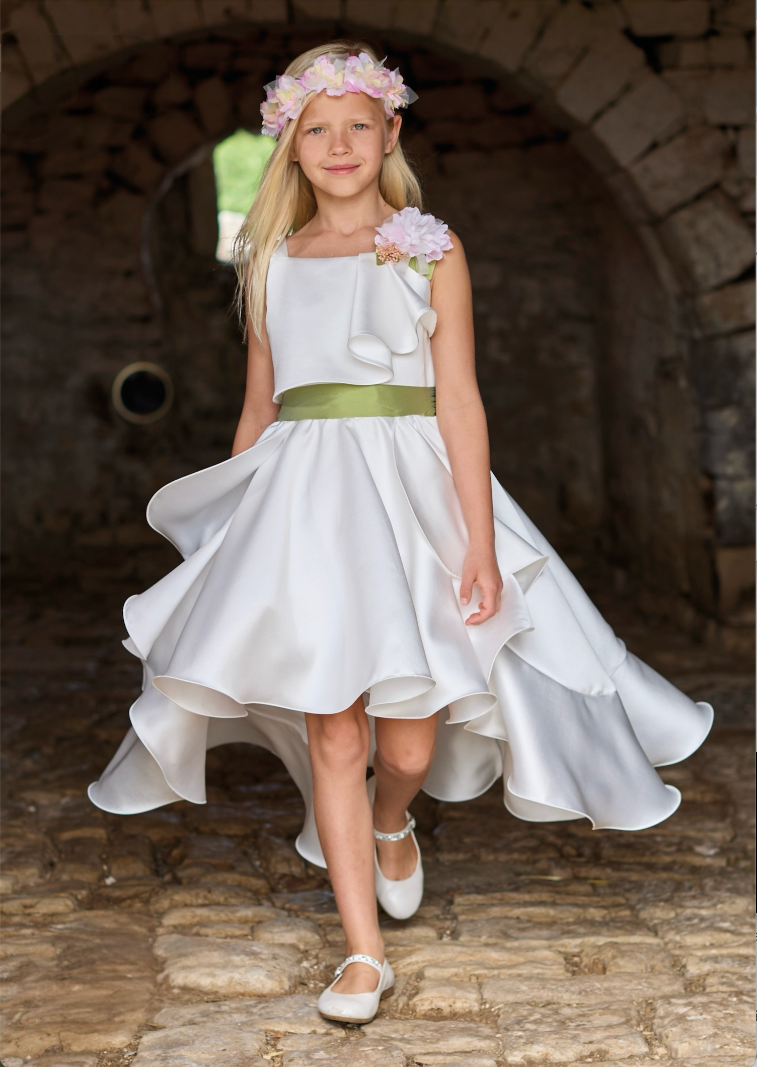 Taffeta Dress and Sage Sash